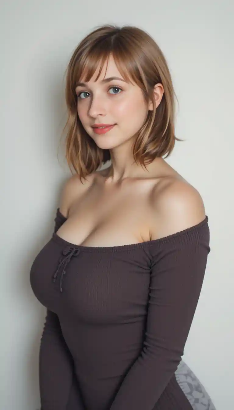 Flirty blonde girl in off shoulder top side portrait