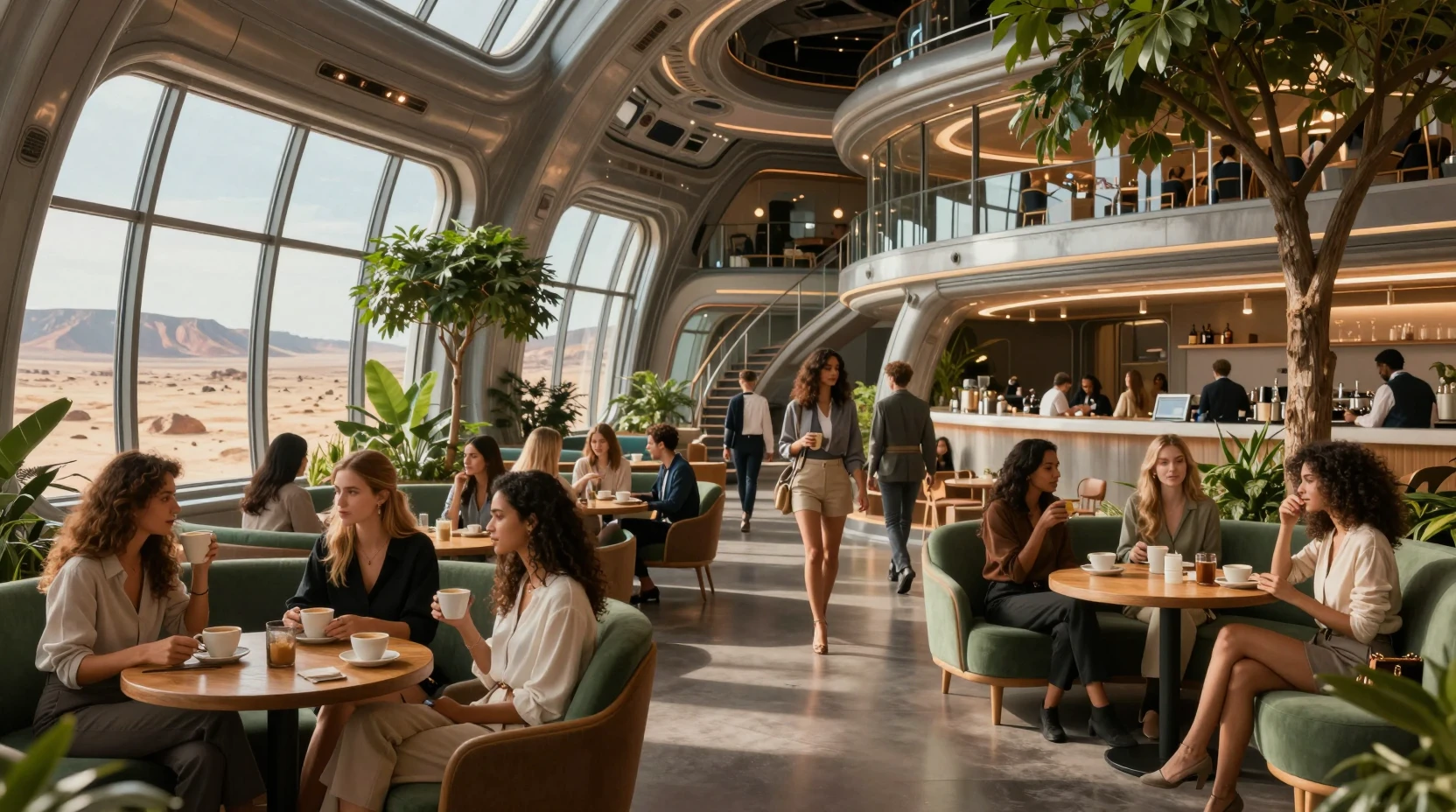 Futuristic lounge cafe with women relaxing by desert view windows