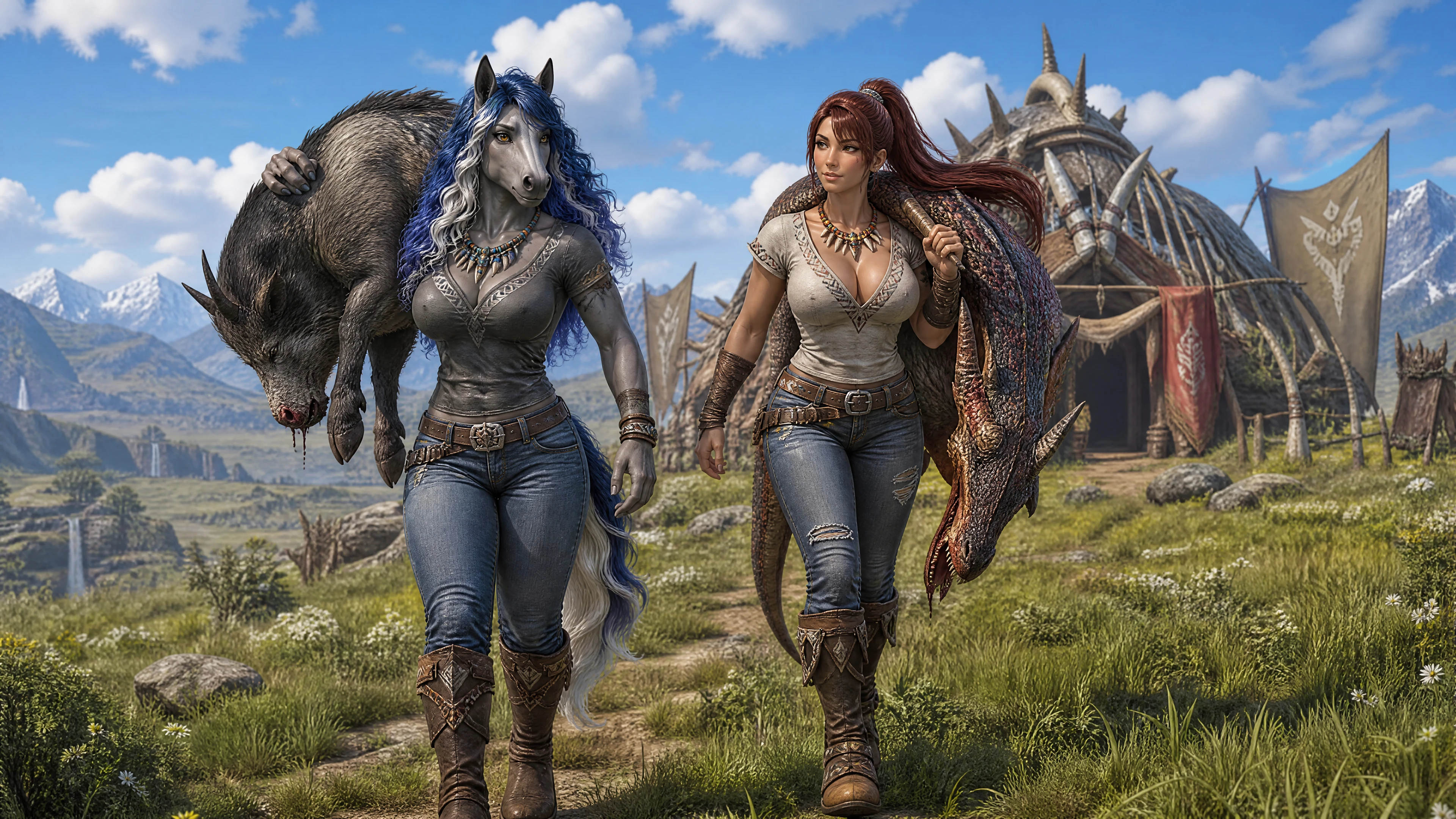 Two fantasy huntresses returning across a wide grassland
