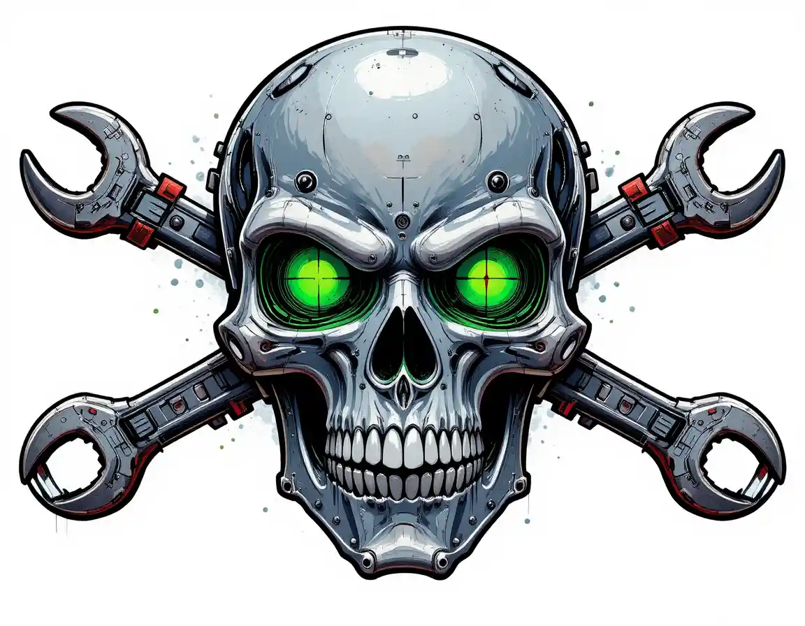 Emblema de calavera mecánica con llaves cruzadas y ojos brillantes