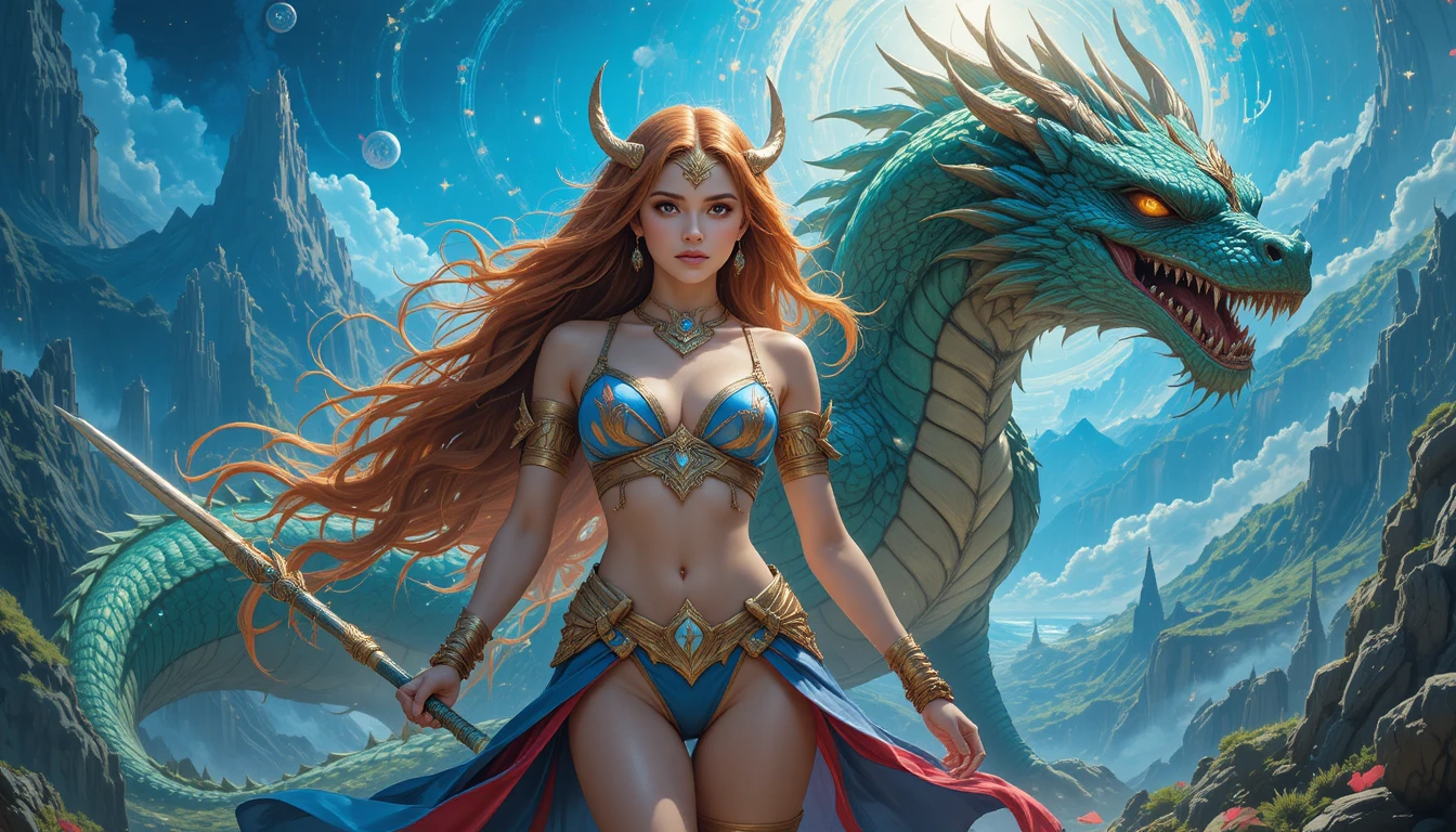 Heroic warrior woman and dragon in mystical mountains