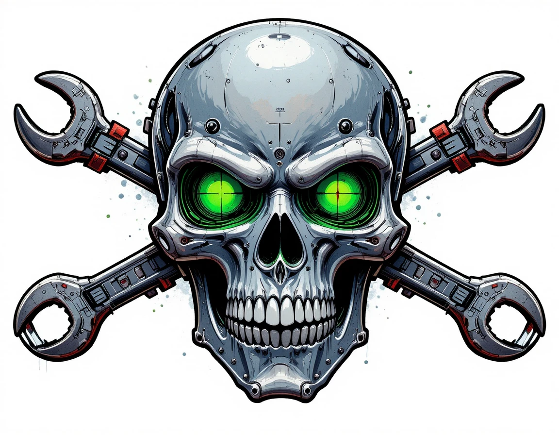 Emblema de calavera mecánica con llaves cruzadas y ojos brillantes