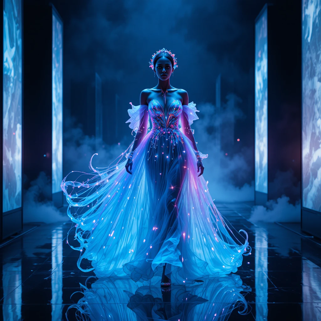 Modelo etérea en pasarela oscura con vestido de medusa luminosa