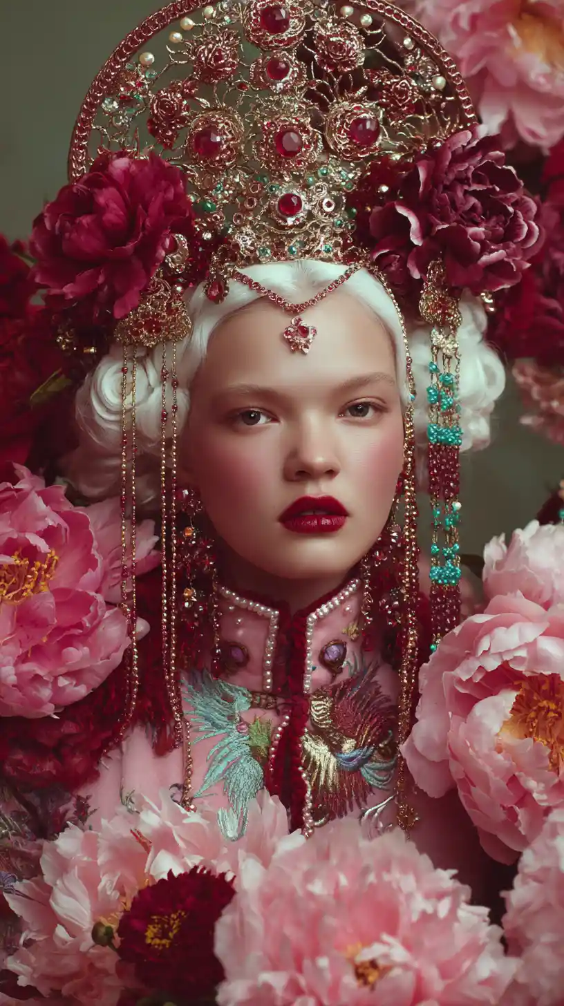 Ornate fusion portrait of a woman in floral headdress