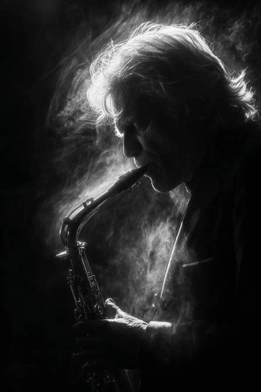 Ghostly saxophonist playing alone in a dramatic bar