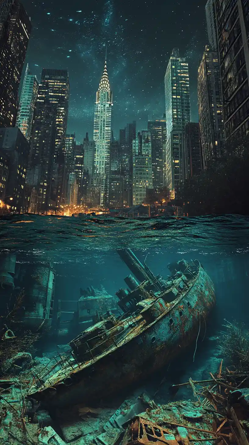 Sunken ship before a flooded dystopian city skyline