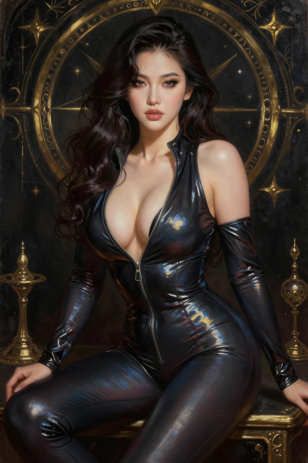 Mujer curvilínea de anime con catsuit oscuro y fondo mágico