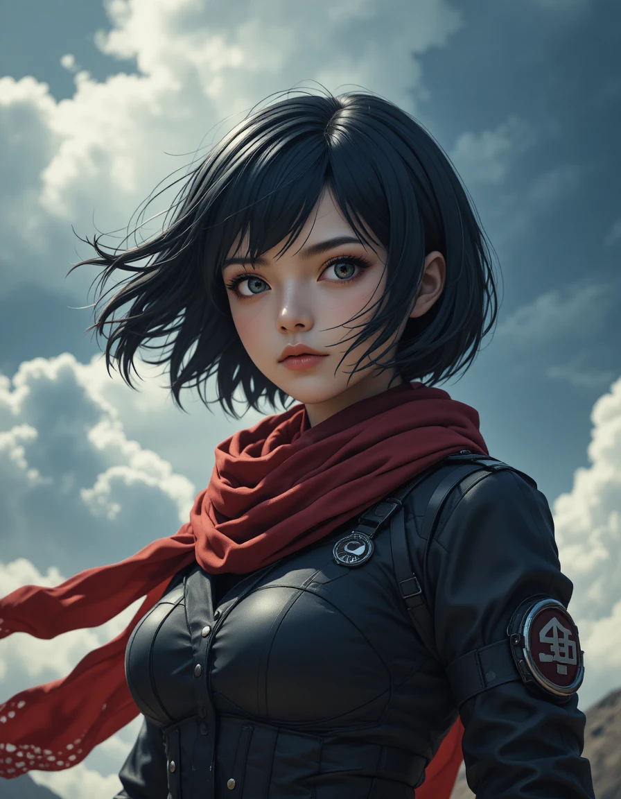 Anime warrior woman under a dramatic windy cloudy sky