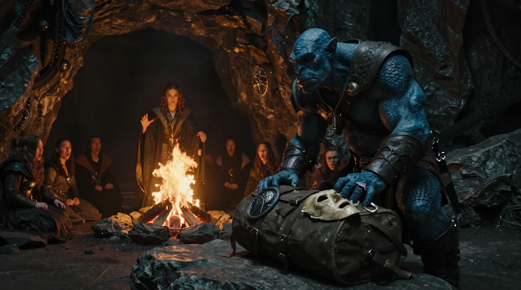 Orc warrior unloading gear inside a rocky forest shelter