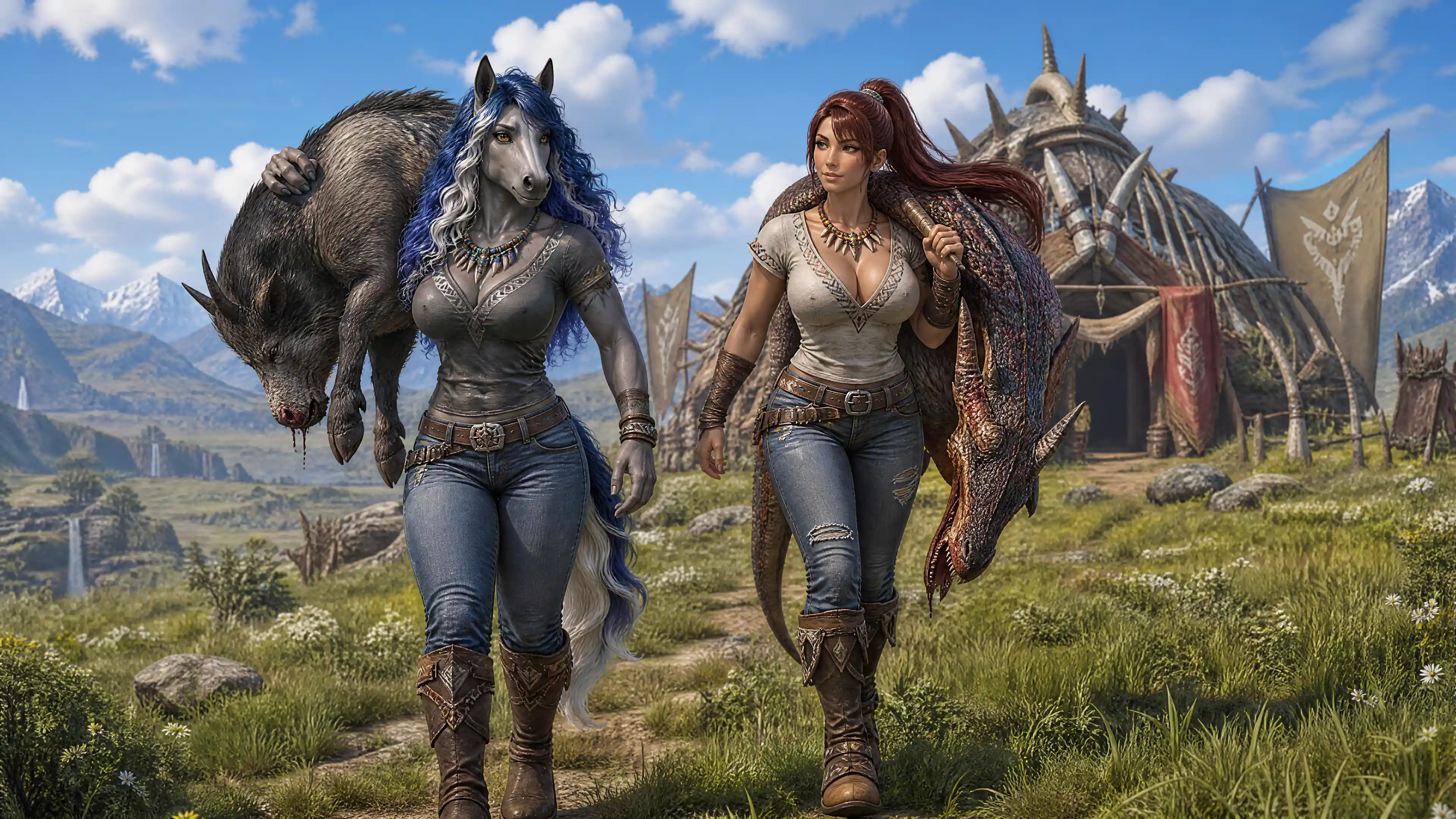 Two fantasy huntresses returning across a wide grassland