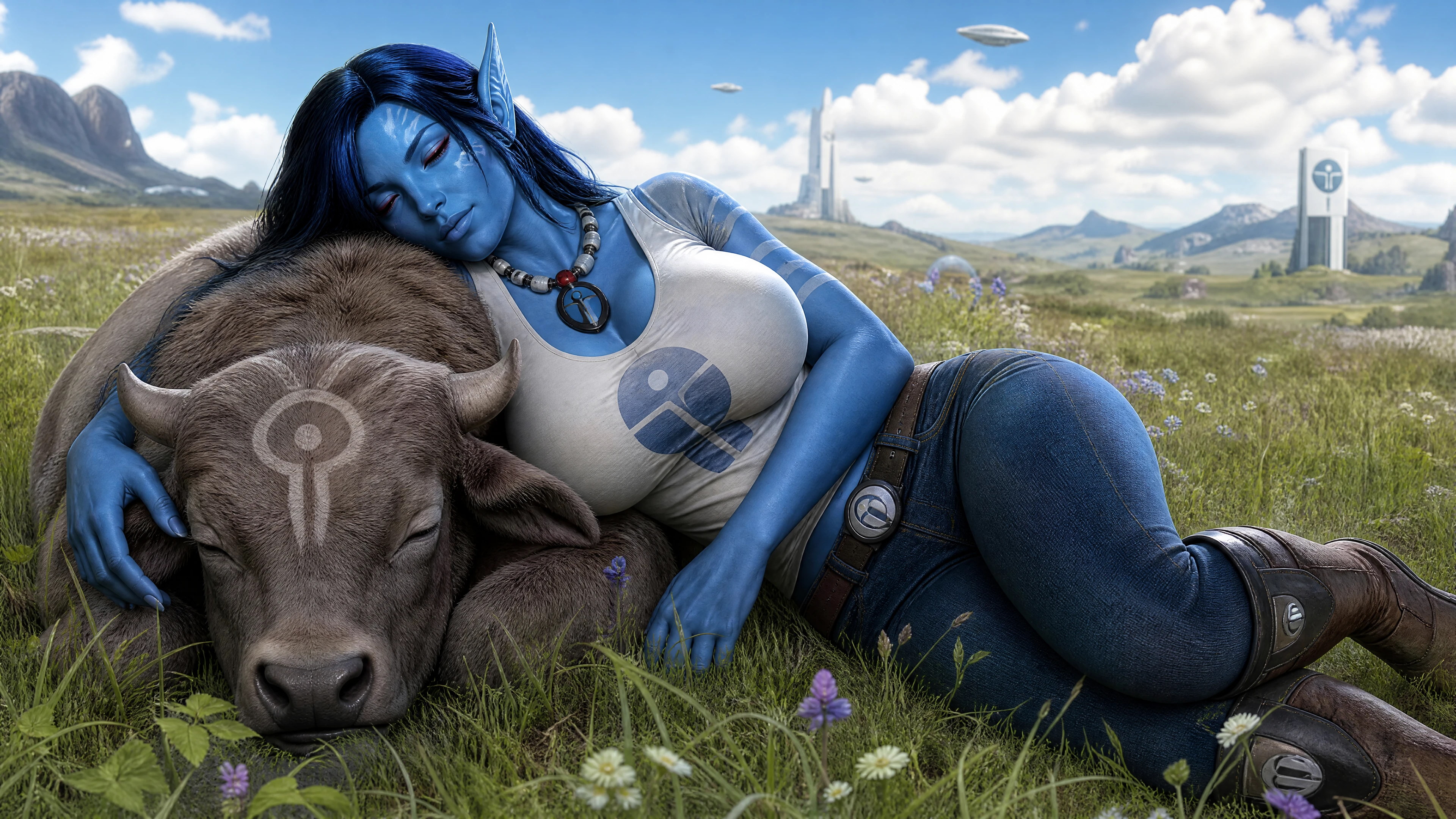Blue skinned sci fi woman sleeping with baby bull