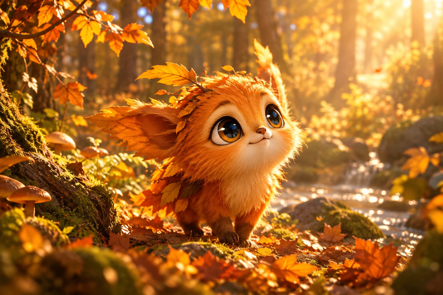 Adorabile creatura fantastica arancione in una soleggiata foresta autunnale
