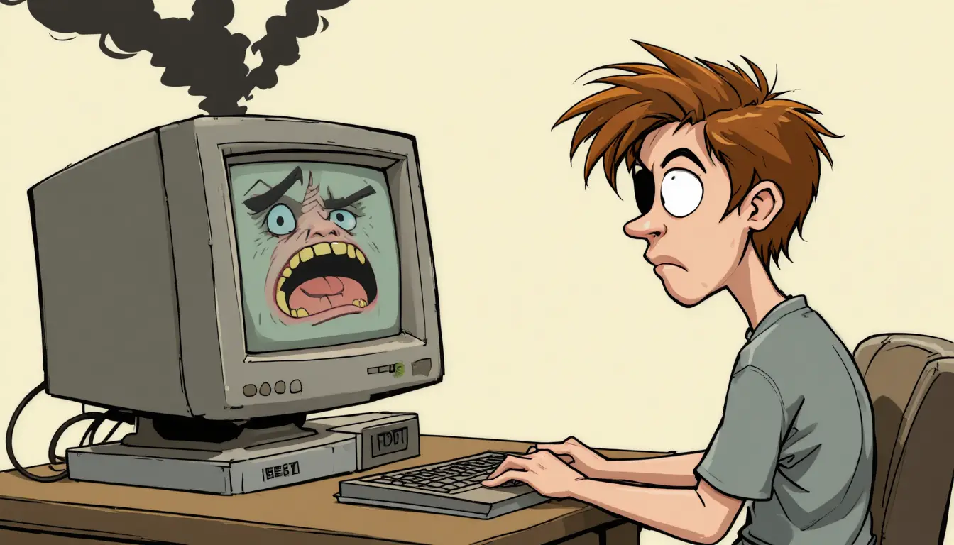 Cartoon girl watching a failing computer with anxious expression
