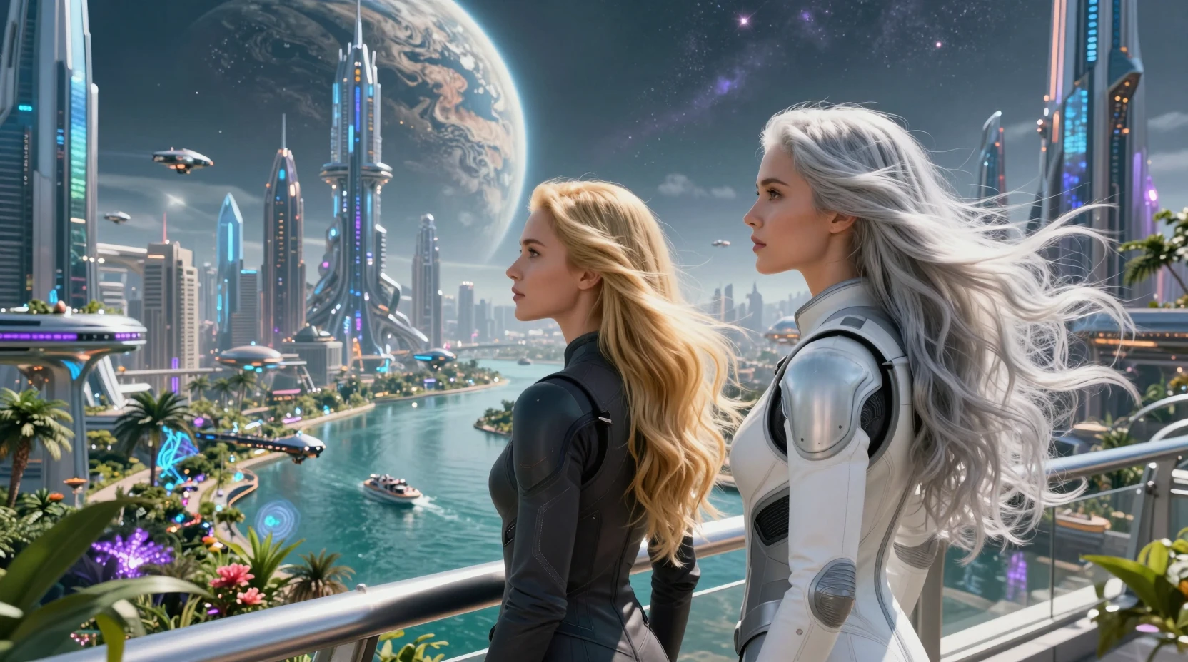 Deux femmes sur un balcon surplombant une ville alien futuriste