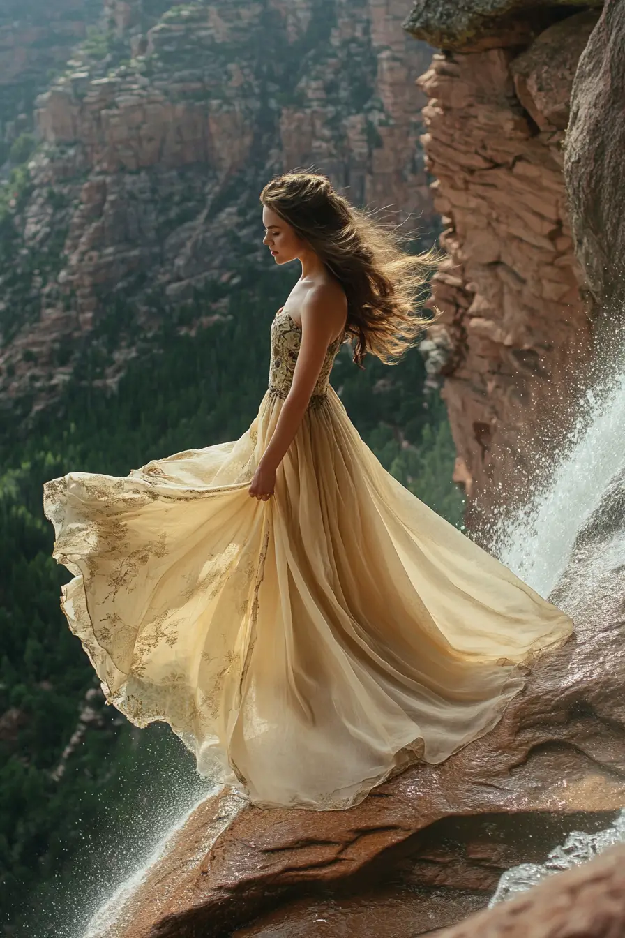 Ethereal woman on cliffside gazing over a vast landscape