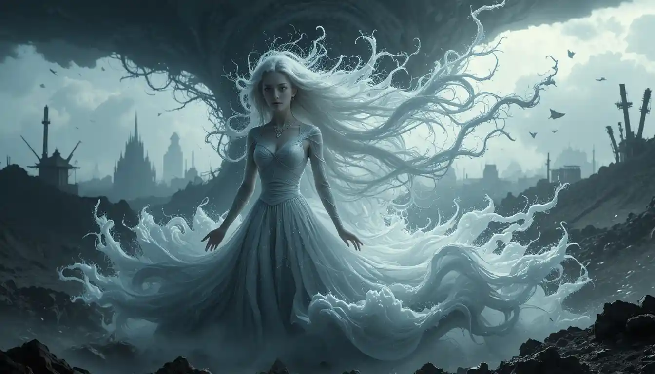 Diosa del viento fusionándose con un tornado oscuro en cielos tormentosos