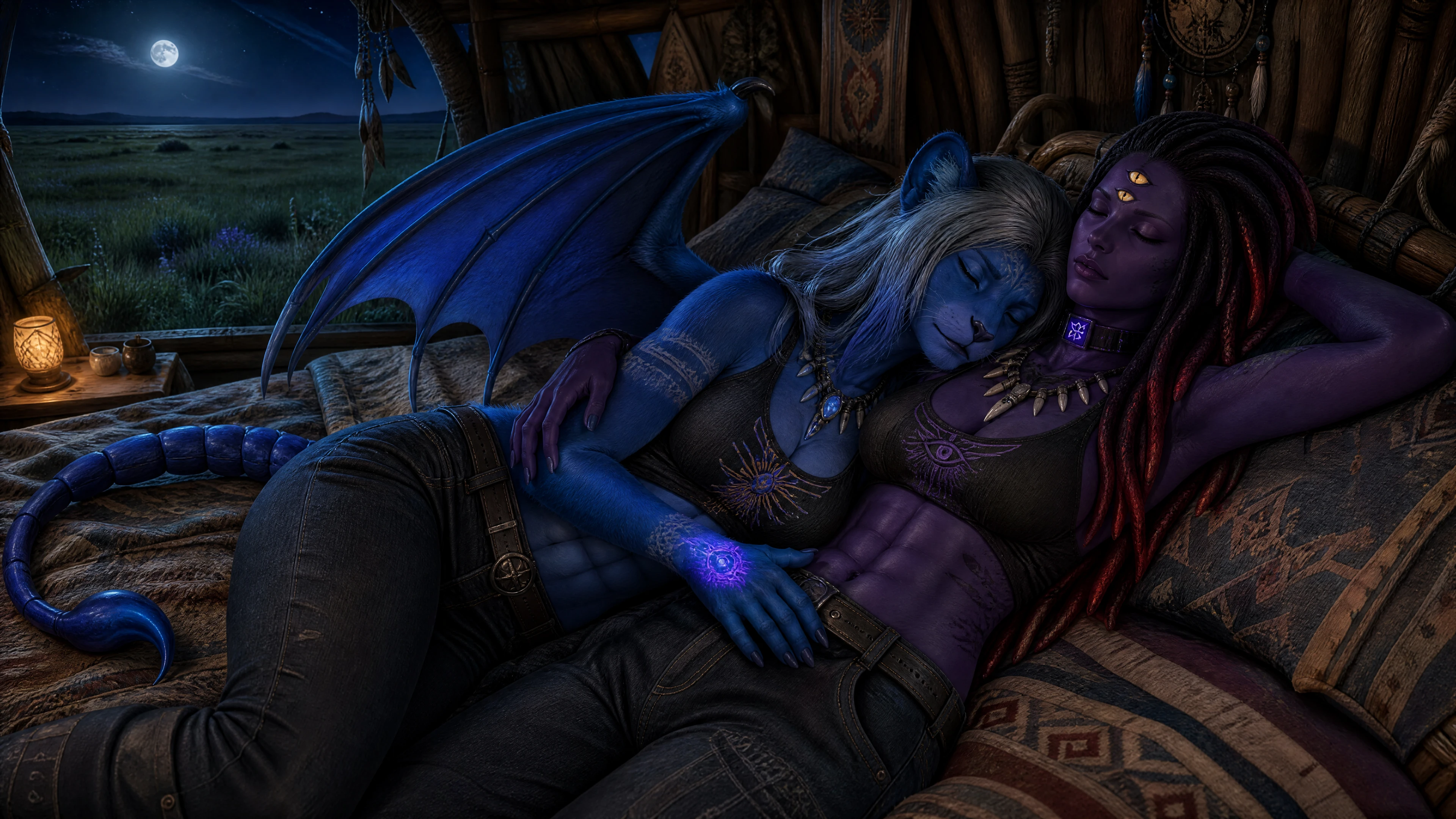 Dos mujeres de fantasía durmiendo juntas en una cama tribal
