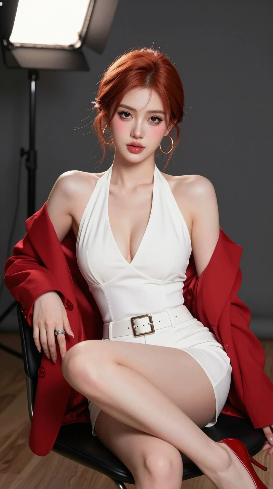 Confident red haired woman in red blazer studio portrait