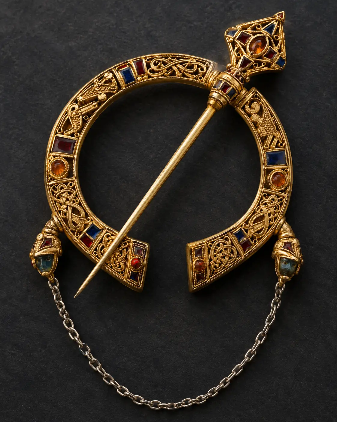 Broche de filigrana de oro con terminales ornamentados y aro curvo