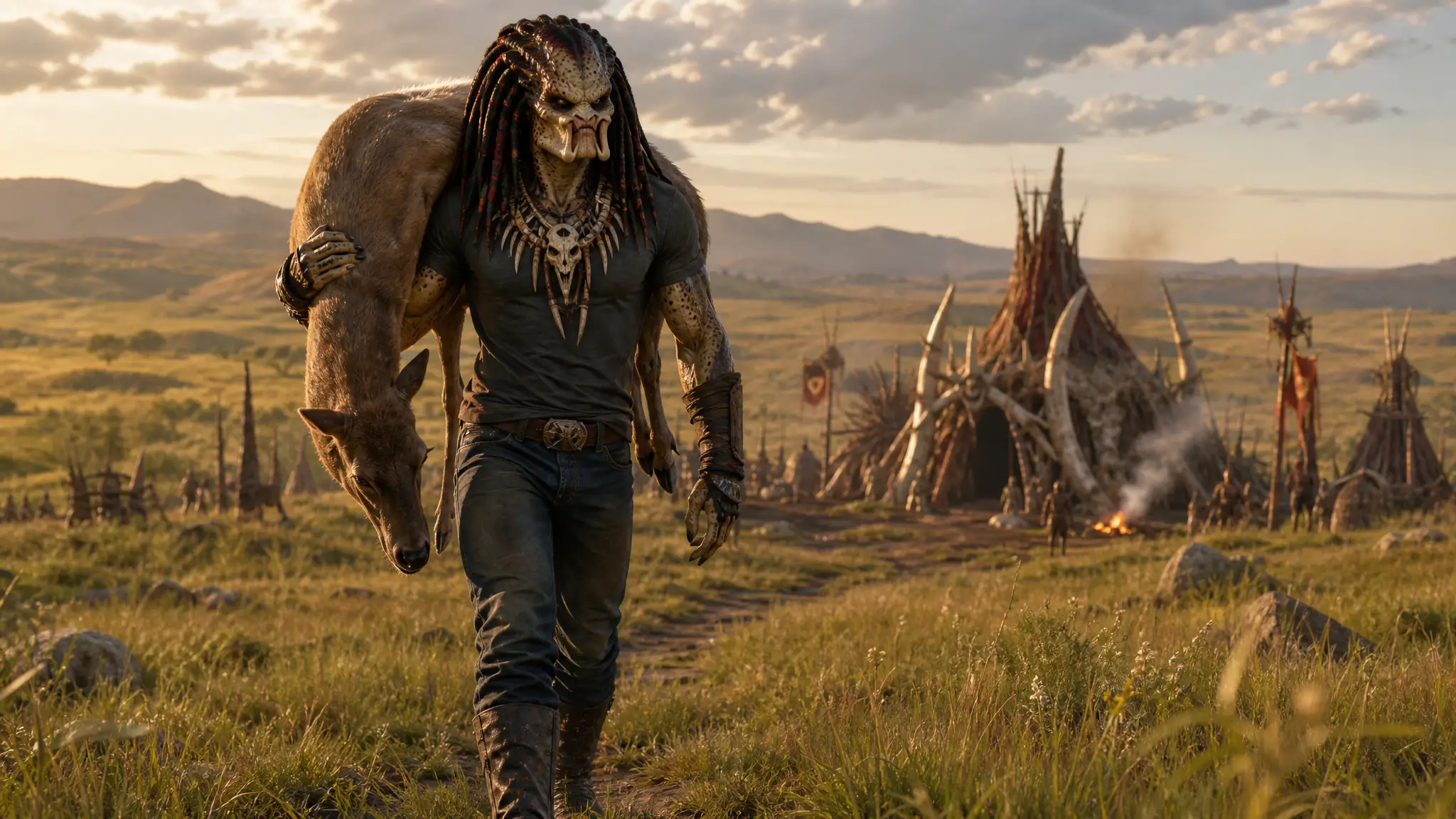 Alien hunter carrying deer across open tribal grassland