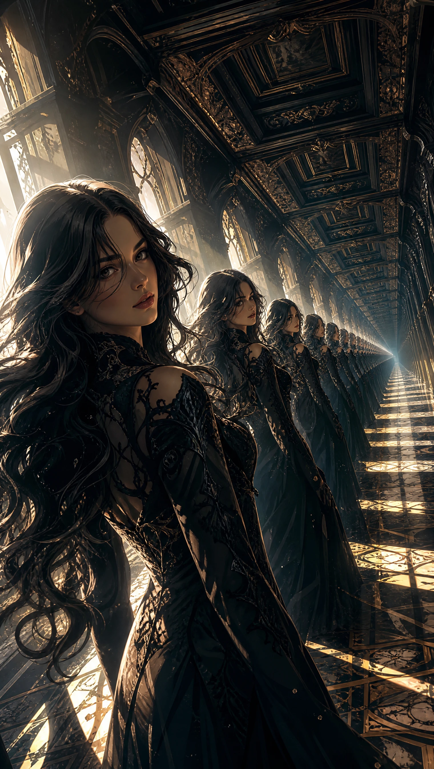Elegant woman in an infinite mirrored corridor with surreal depth