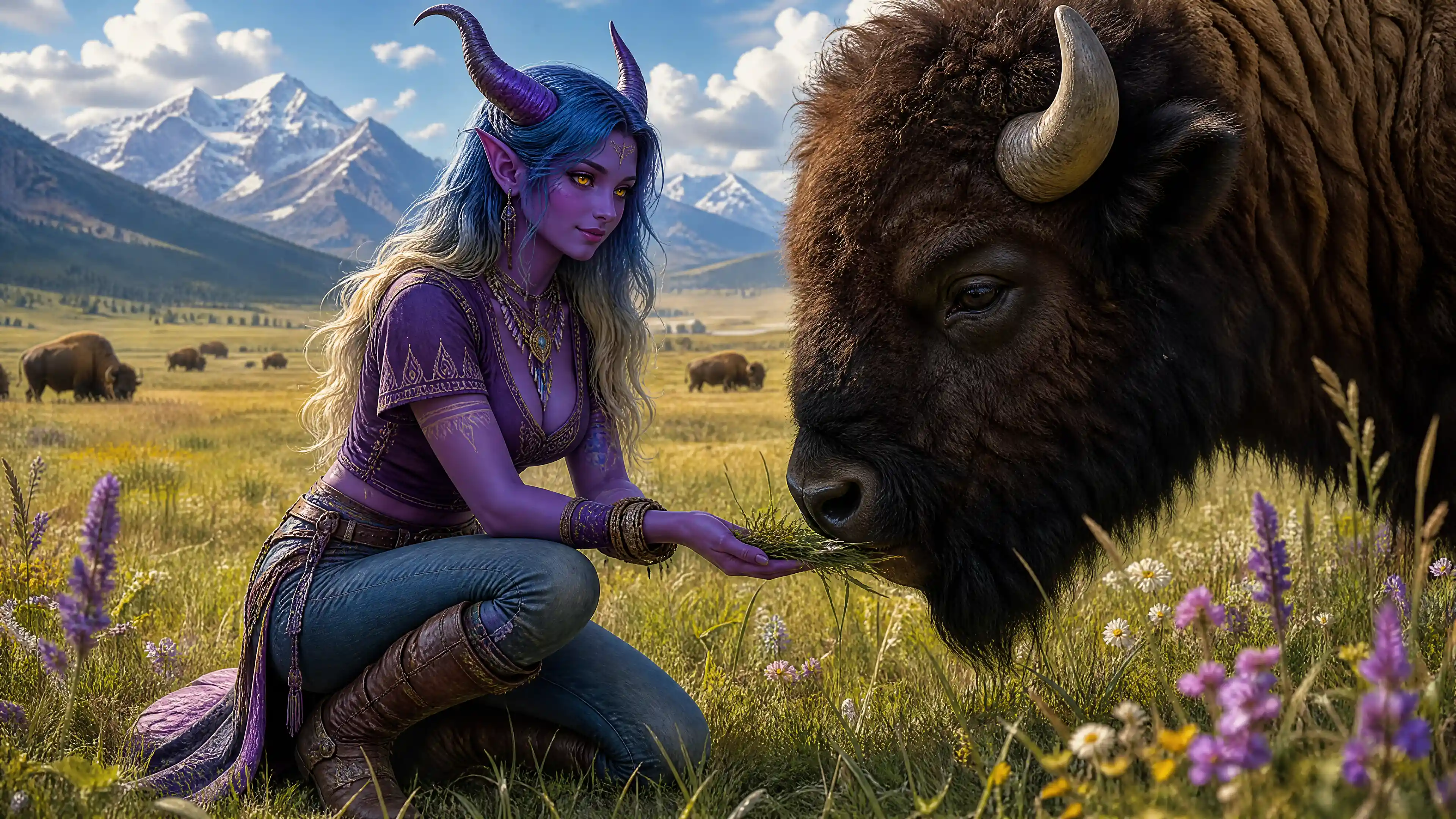 Mujer tiefling de fantasía alimentando a un bisonte en una pradera abierta