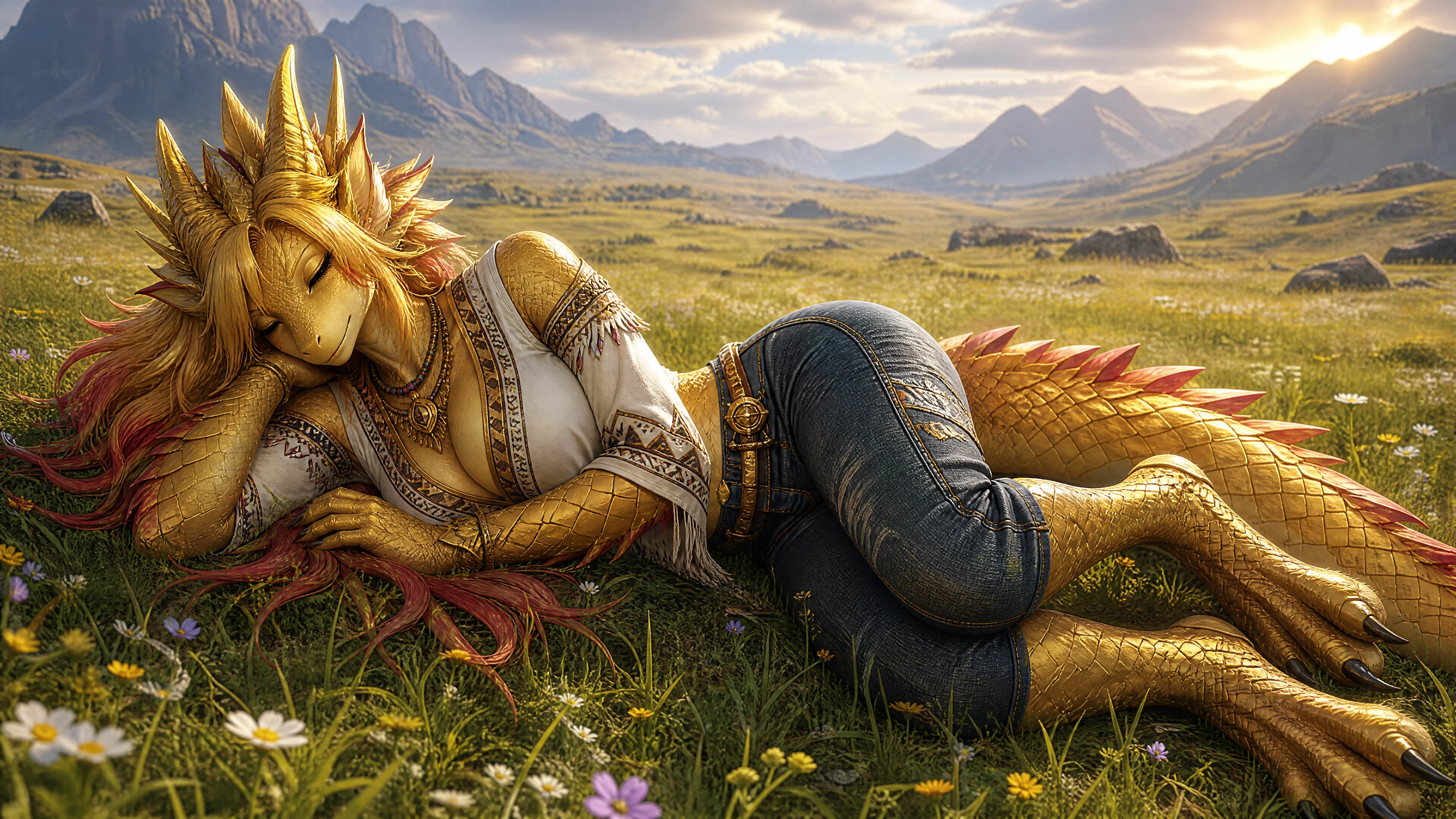 Anthro-Drachenfrau schläft friedlich auf offener Graslandschaft