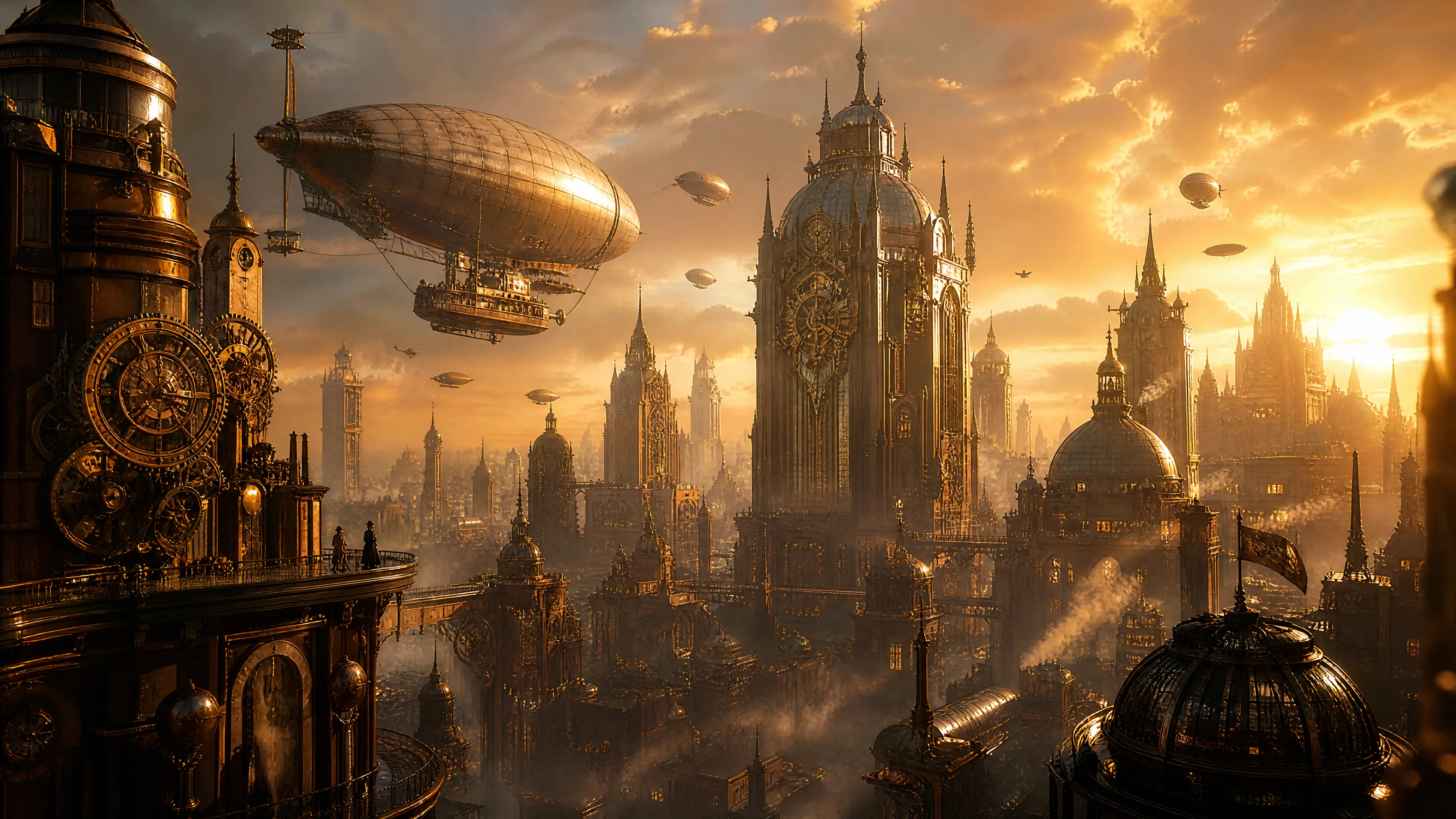 Steampunk metropolis skyline at golden hour with airships