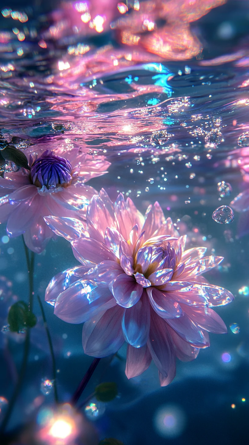 Dahlias délicats flottant sous l’eau dans une lumière arc‑en‑ciel