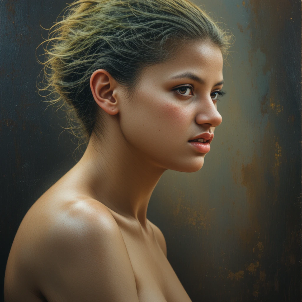 Intimate close up oil portrait of a freckled green haired girl