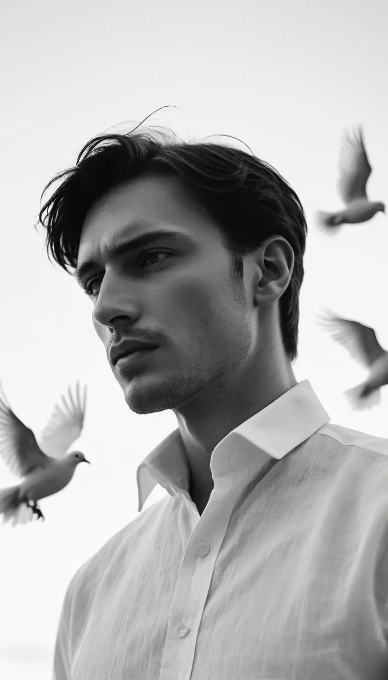 Monochrome portrait of a man veiled by a flying dove