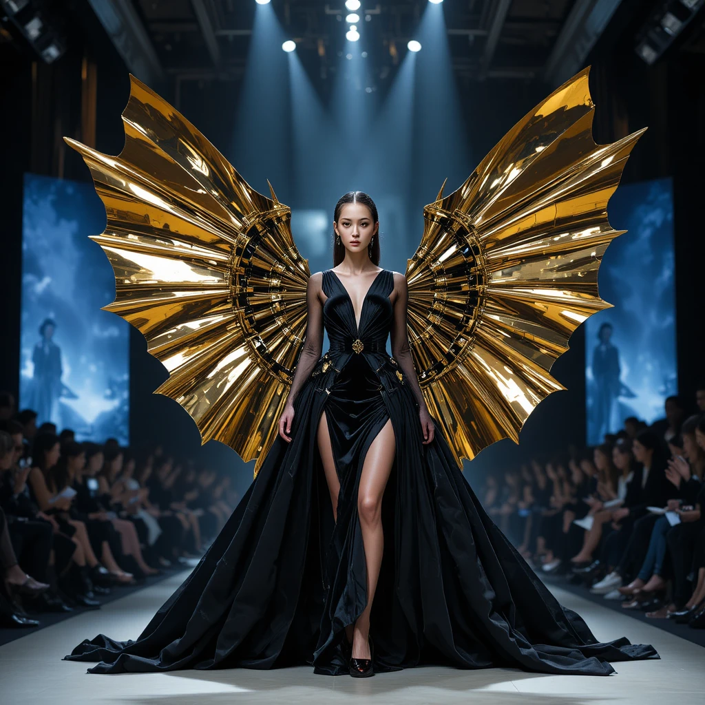 Markantes Model im skulpturalen schwarzen und goldenen Laufstegkleid