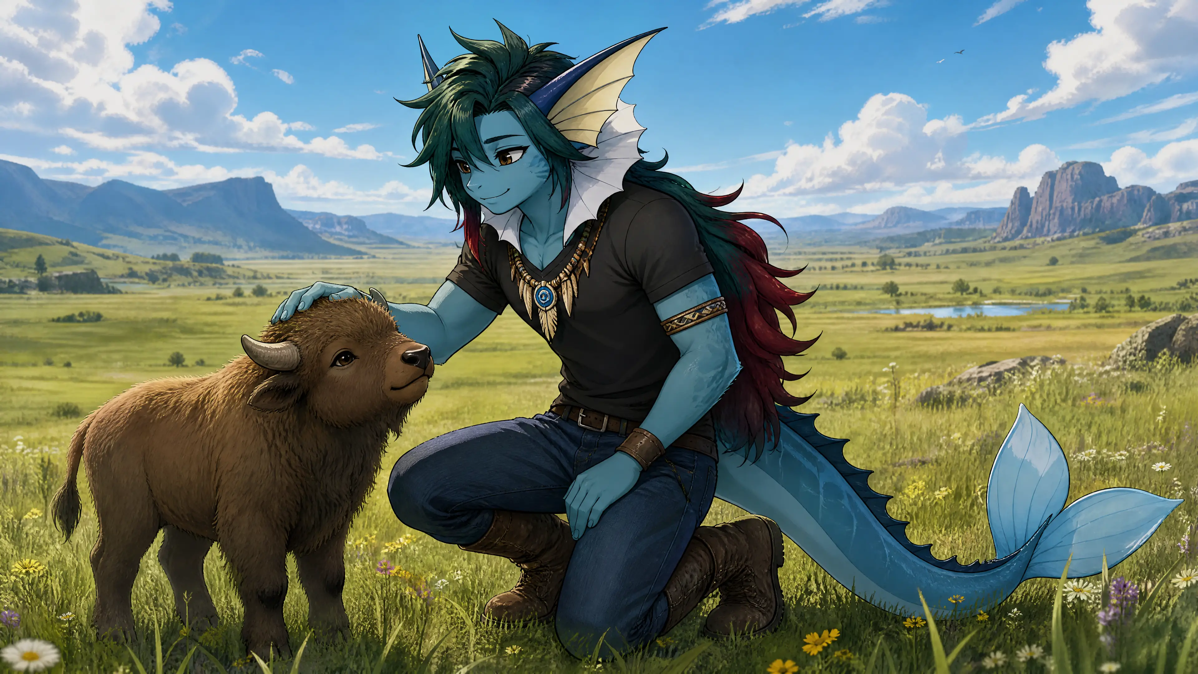 Anthro Vaporeon gently petting a baby bison on grassland