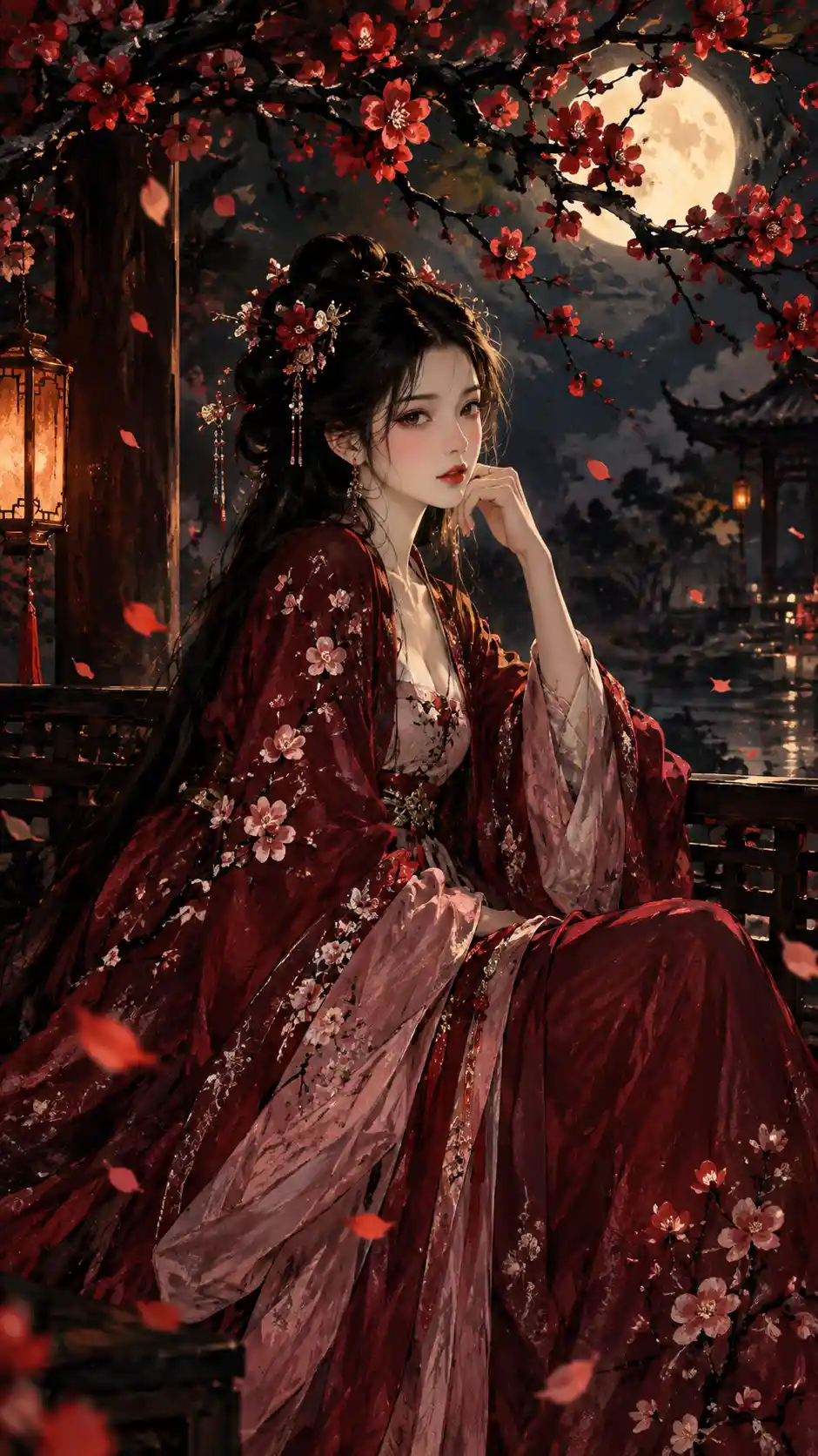 Elegant woman in plum blossom hanfu in midnight garden