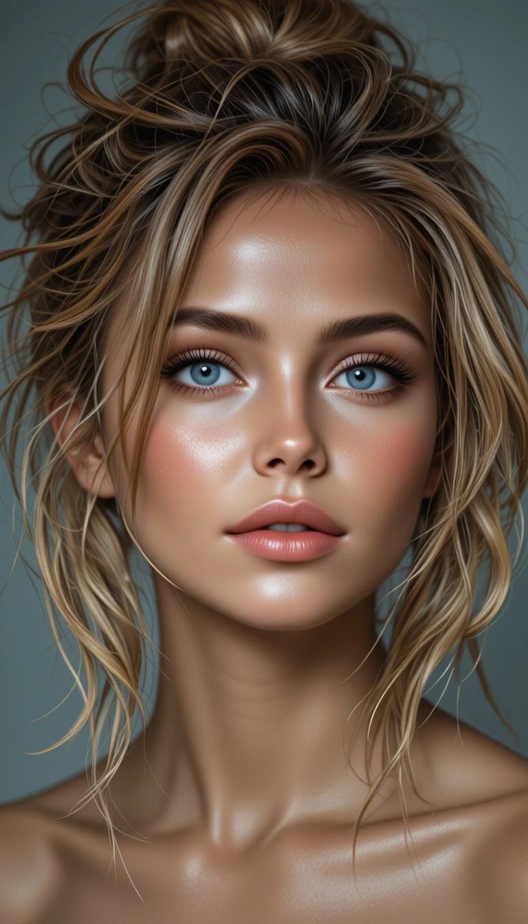 Wet haired blonde woman close up with glowing skin