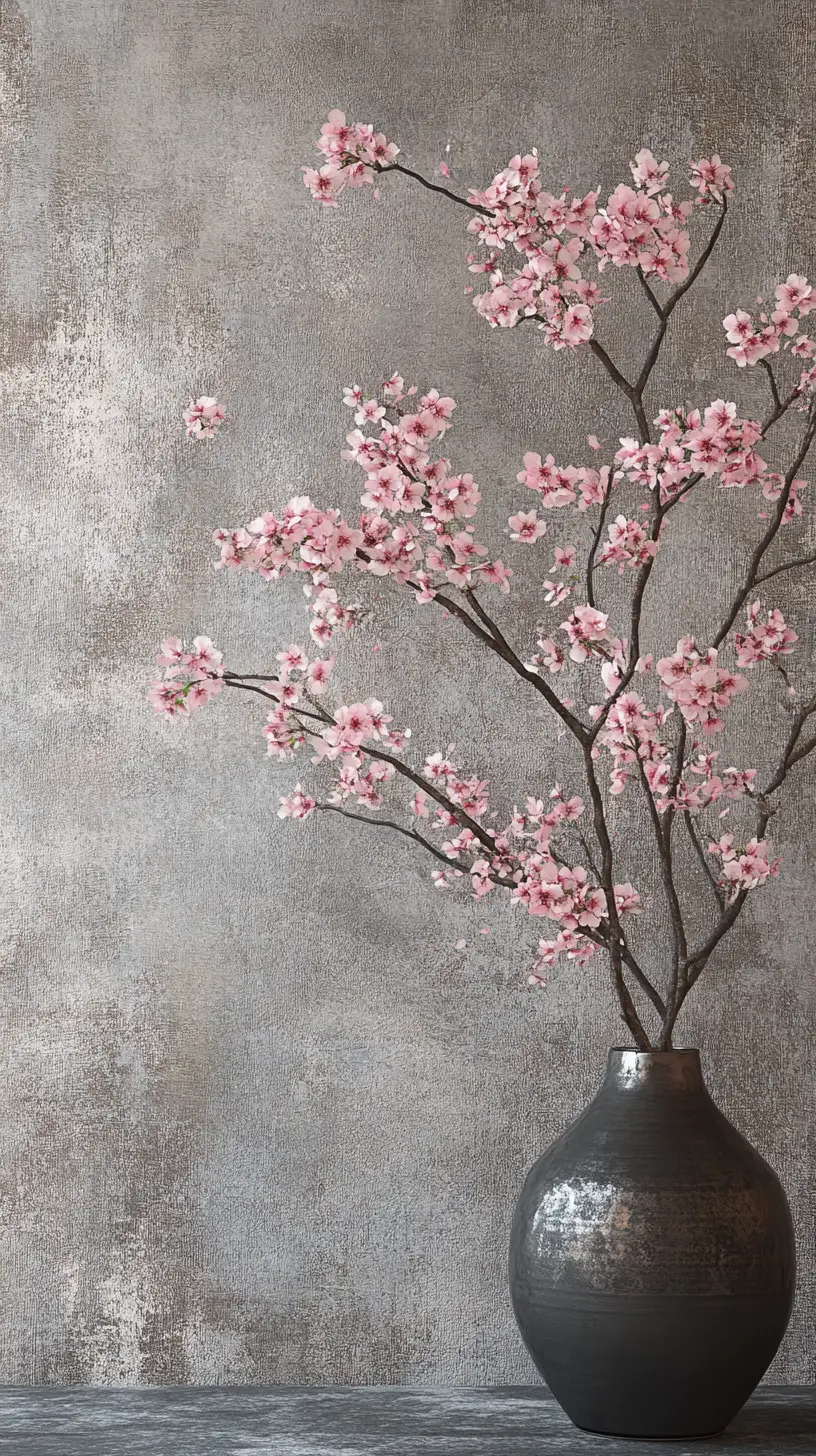 Flores de cerejeira rosa em pintura floral emoldurada sobre cinza