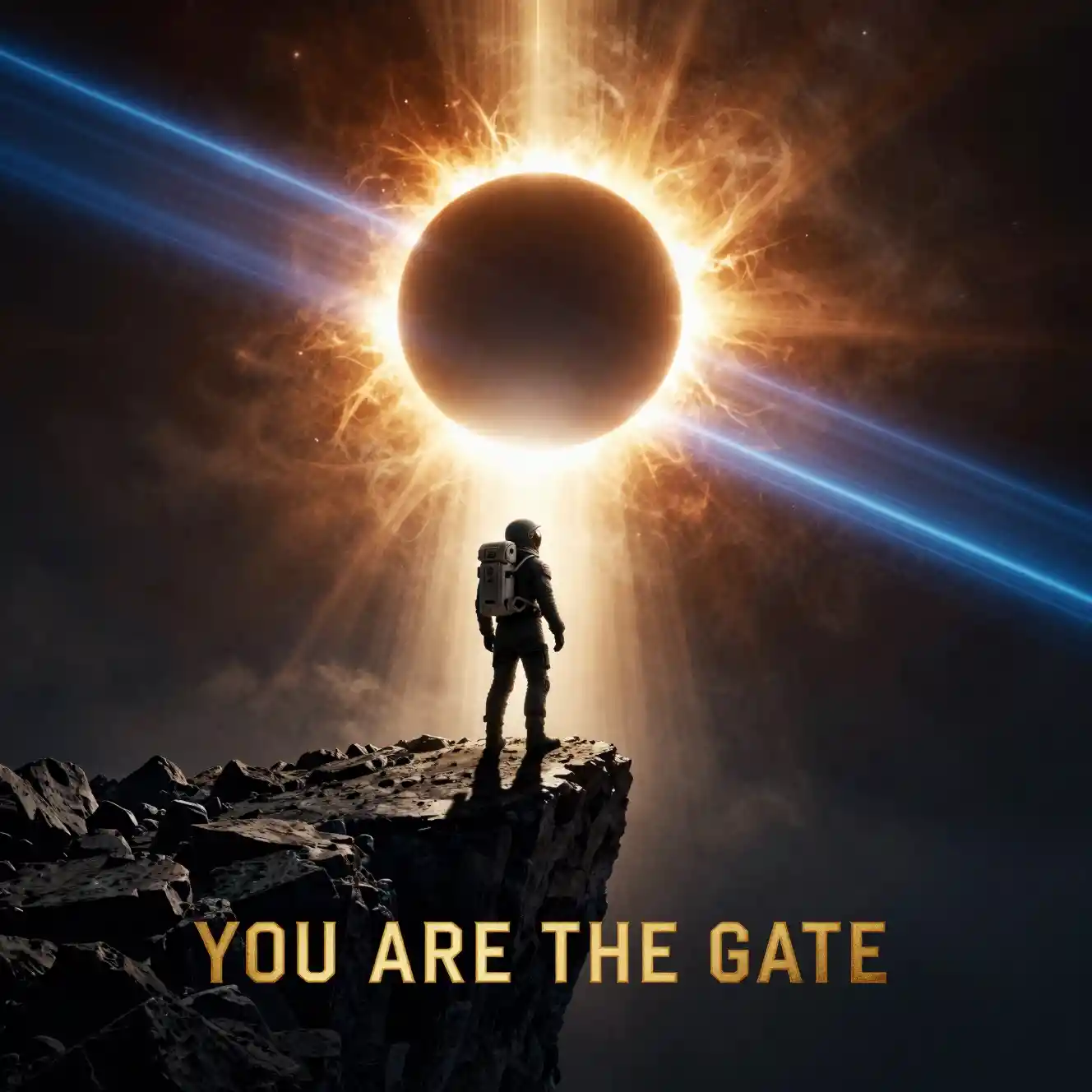 Astronaut Facing Colossal Eclipse On Obsidian Asteroid Cliff
