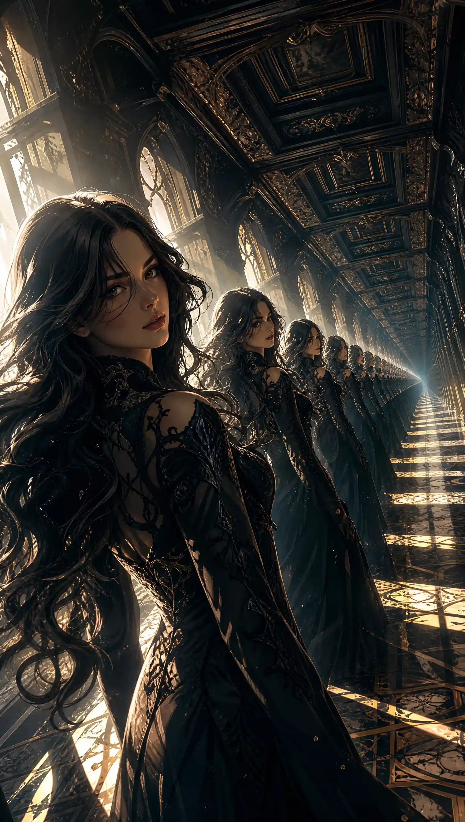 Elegant woman in an infinite mirrored corridor with surreal depth