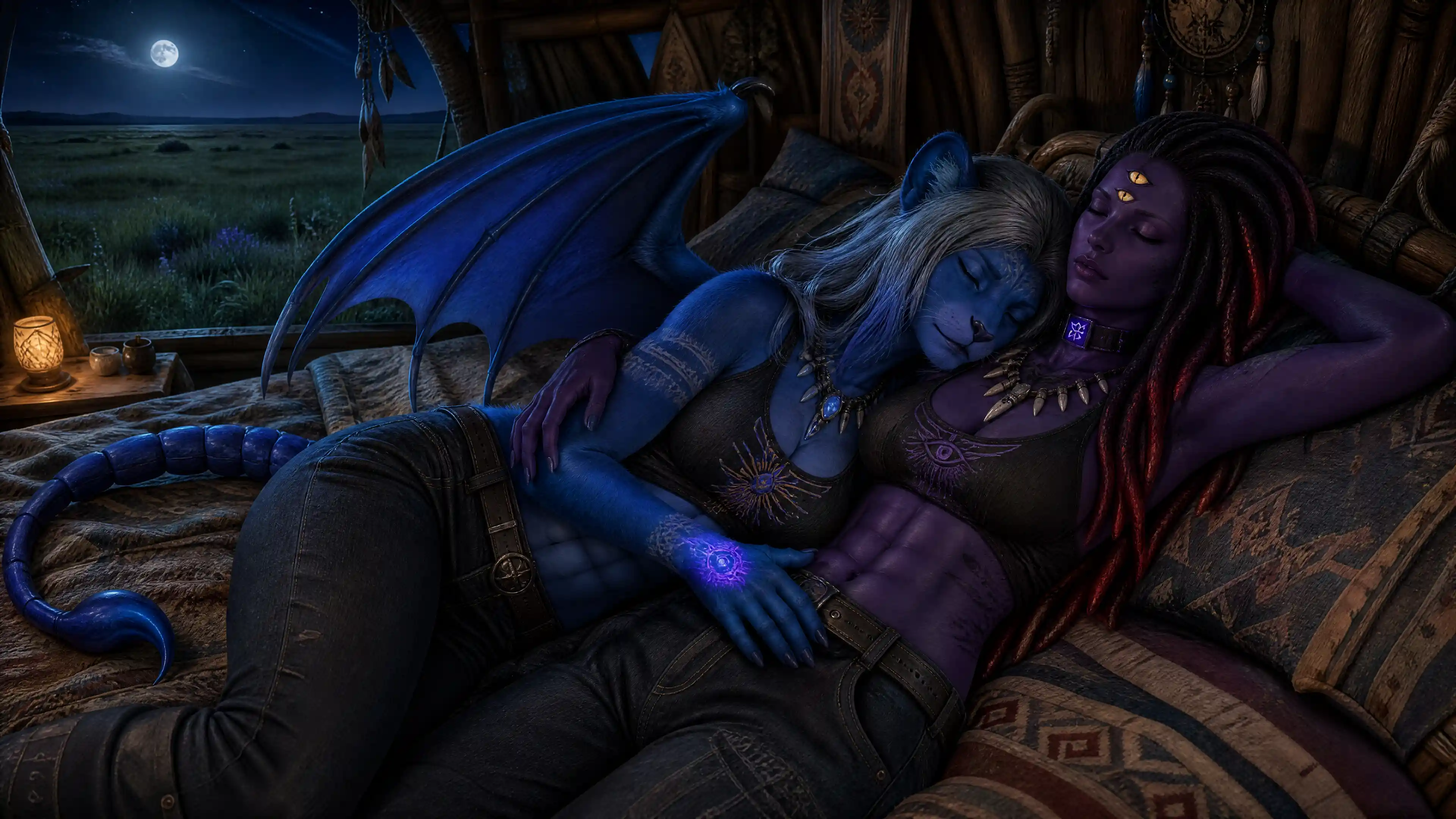 Dos mujeres de fantasía durmiendo juntas en una cama tribal