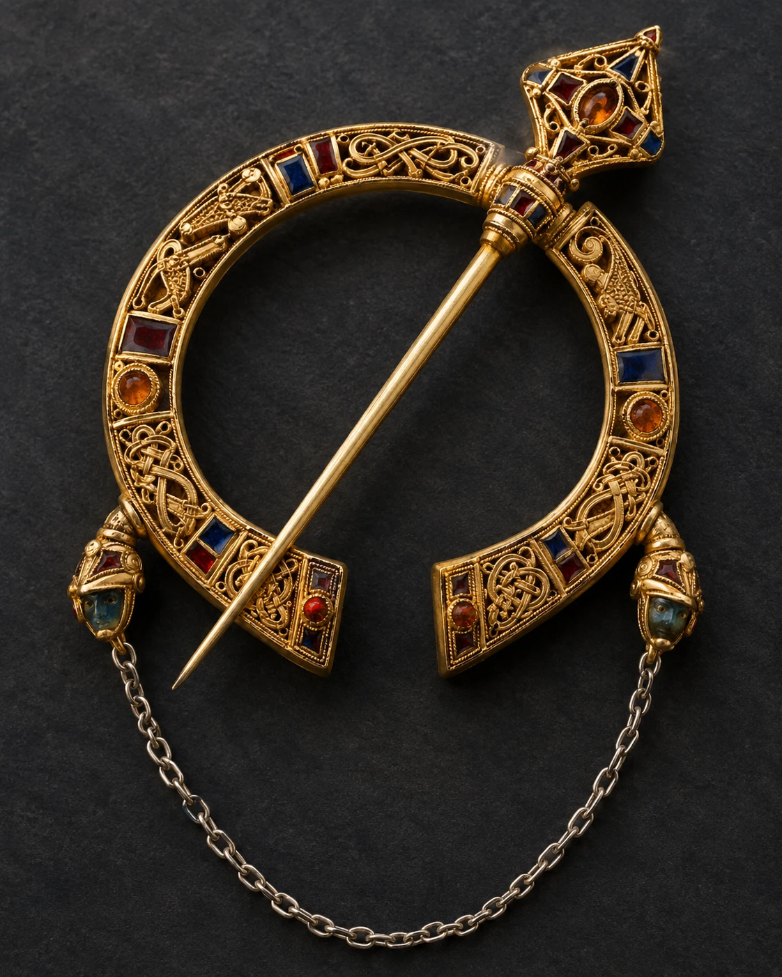 Gold filigree brooch with ornate terminals and curved hoop