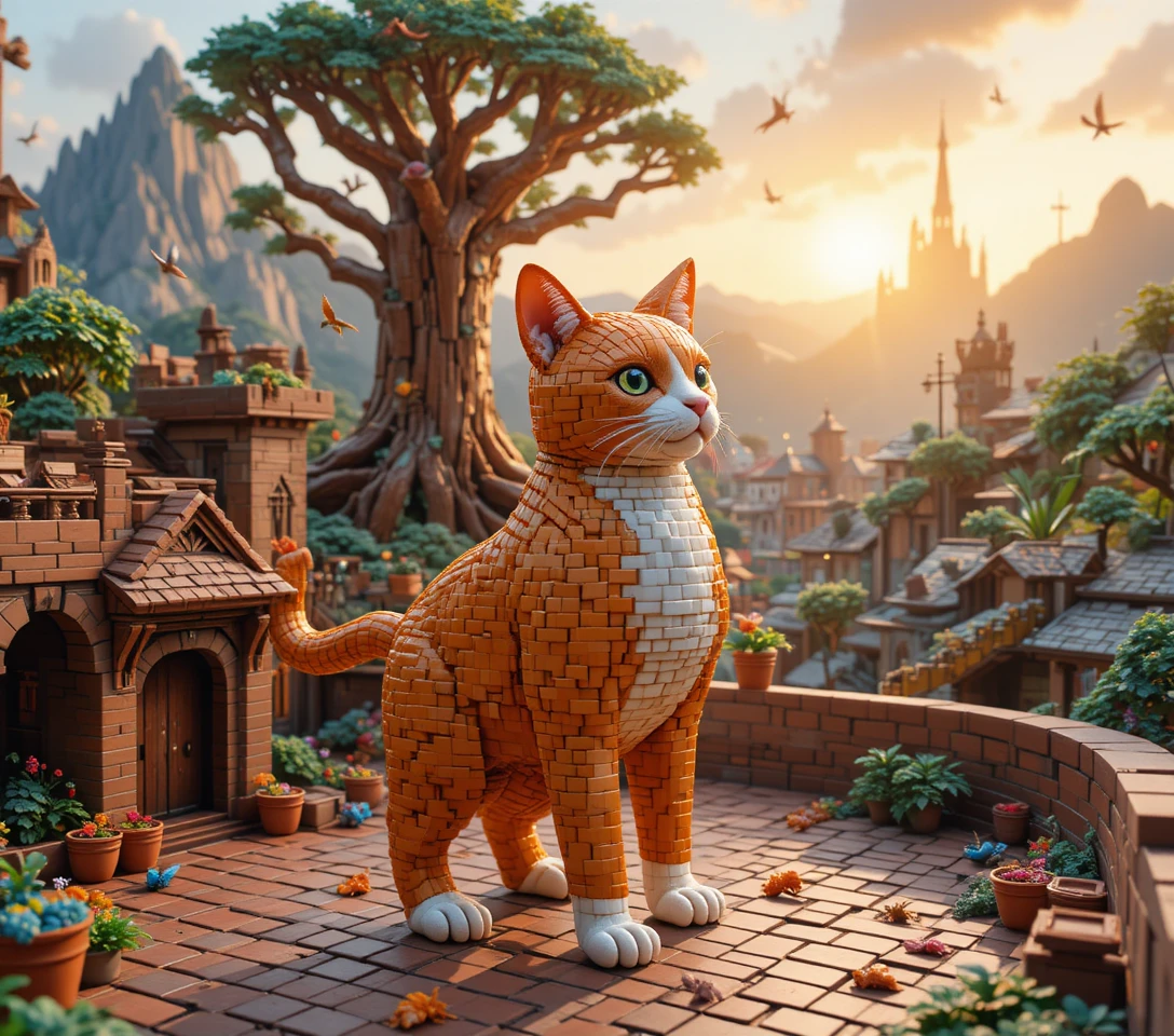 Heroic brick cat overlooking a tiny fantasy world