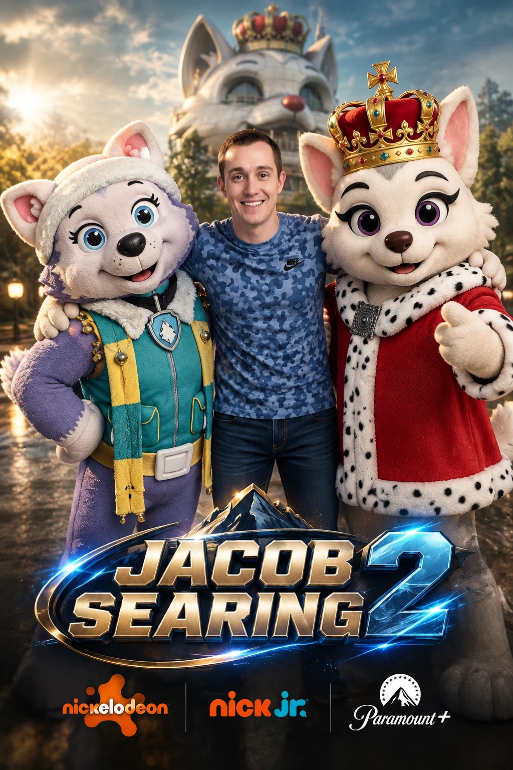 Adult man standing between two large friendly mascots