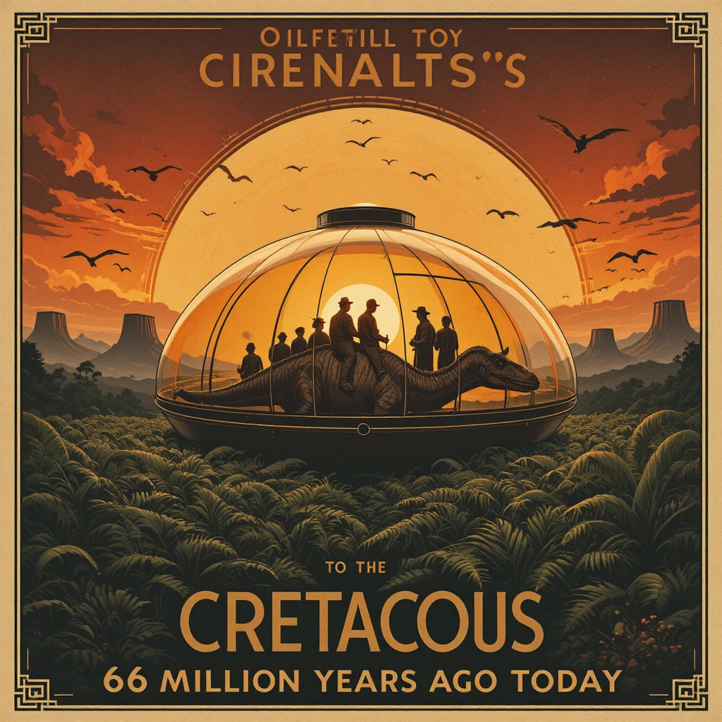 Art deco travel poster of a Cretaceous dinosaur tour