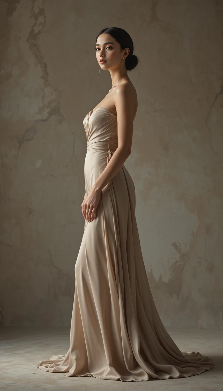 Elegante Frau im fließenden Designerkleid mit weichem Seitenlicht
