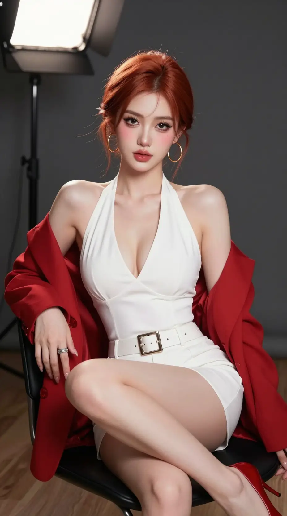 Confident red haired woman in red blazer studio portrait