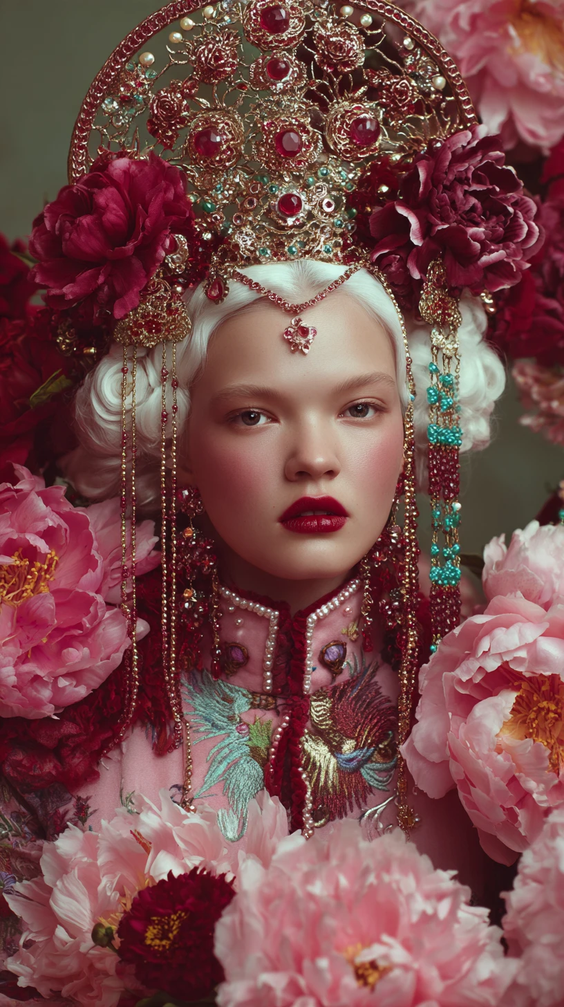 Ornate fusion portrait of a woman in floral headdress