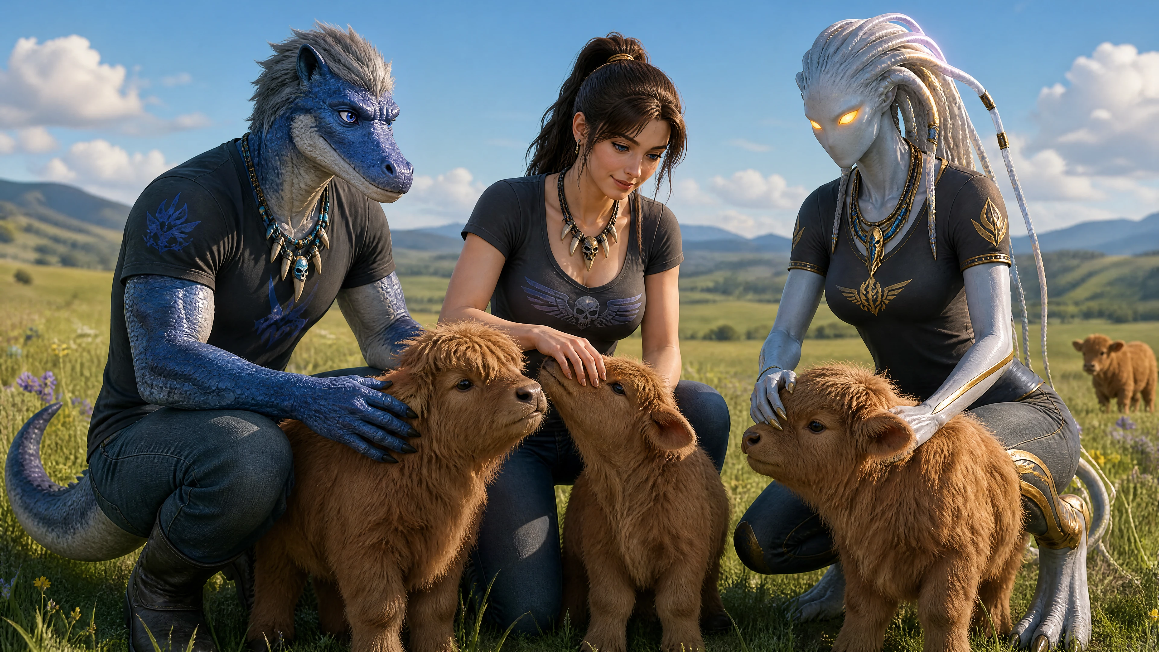 Anthro reptile and friends petting baby highland cows