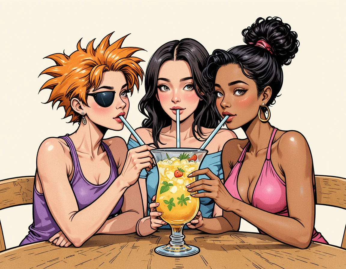 Three friends sharing a colorful tropical cocktail together