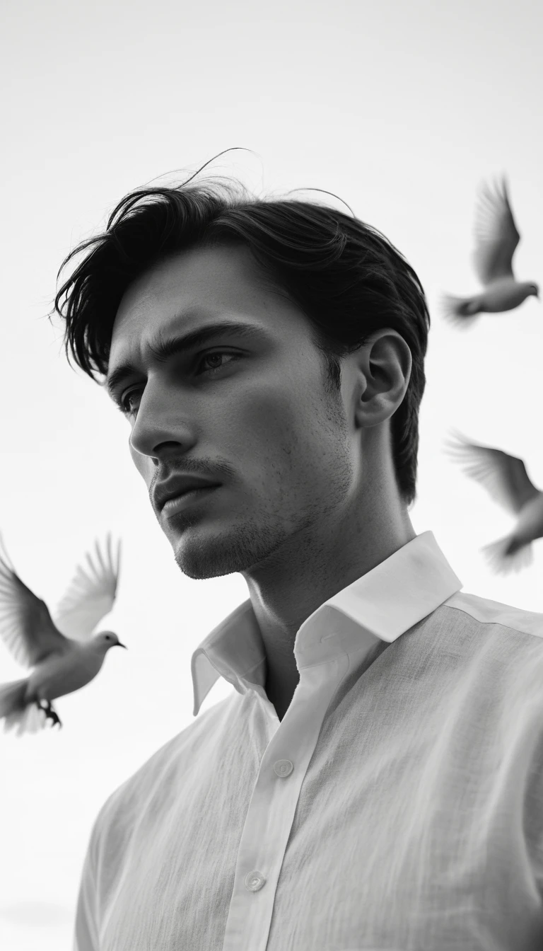 Monochrome portrait of a man veiled by a flying dove