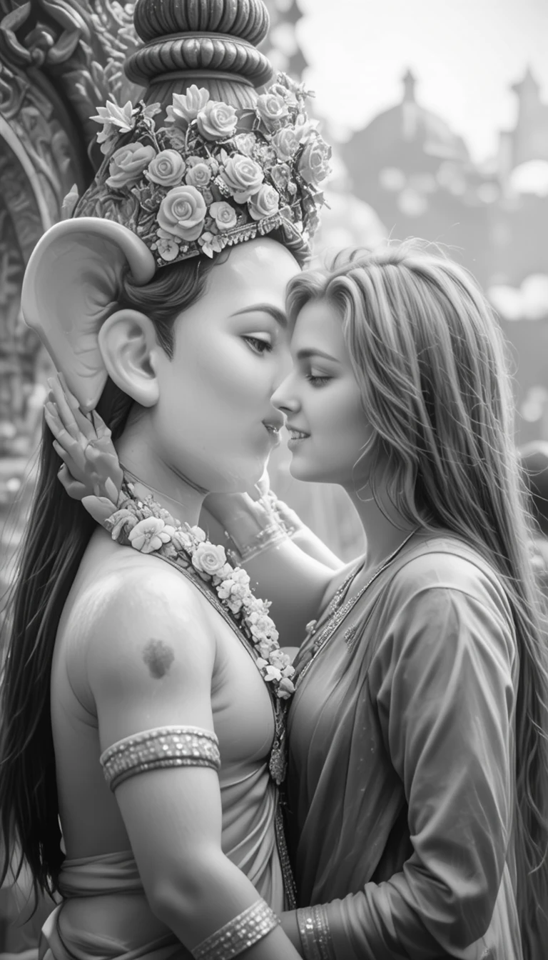 Mujer india rezando junto a un ídolo ornamentado de Ganesha de perfil